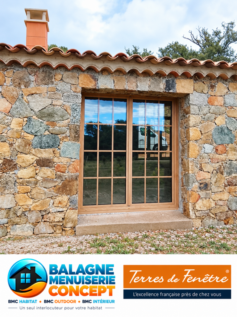 Menuiseries PVC Eclea finition Woodec chêne Turner Malt sur une façade en pierre à Cassano