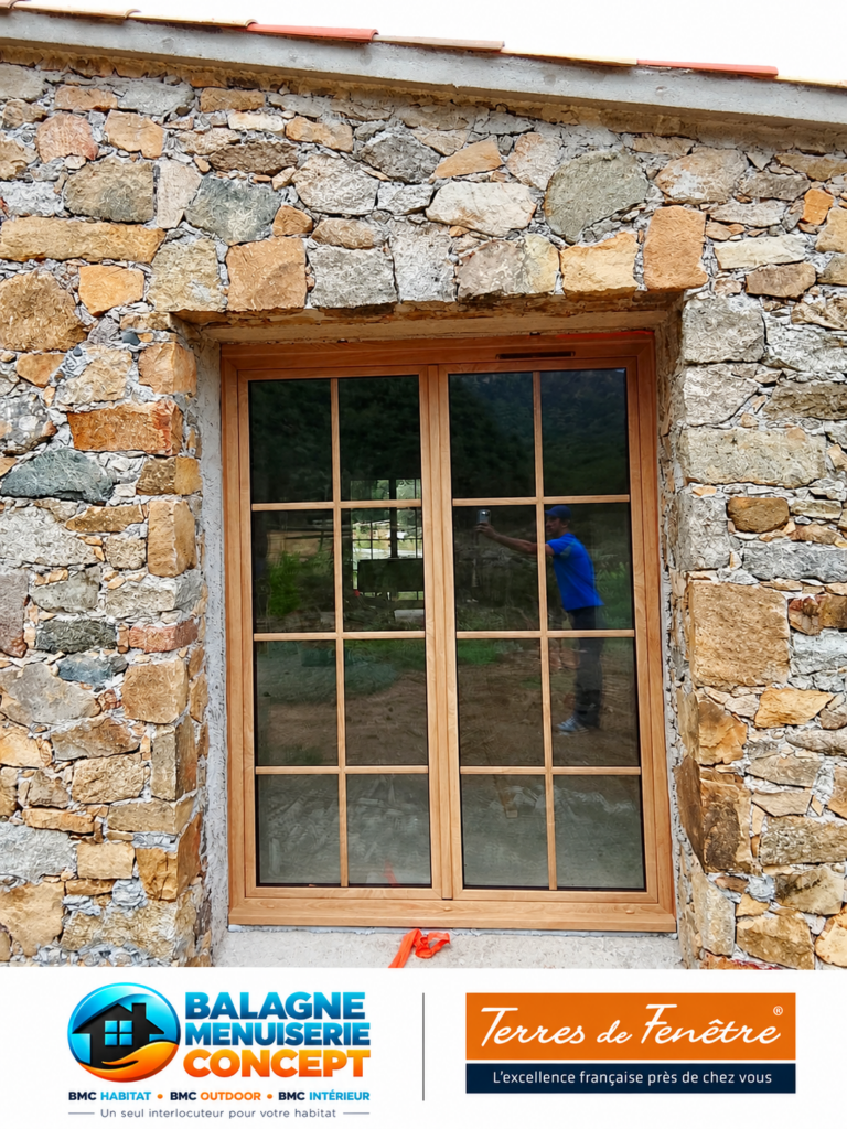 Menuiseries PVC Eclea finition Woodec chêne Turner Malt sur une façade en pierre à Cassano