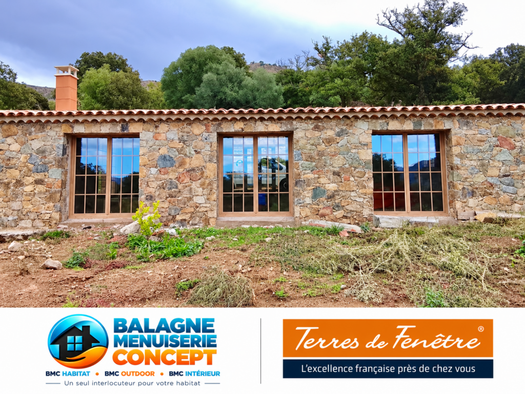 Menuiseries PVC Eclea finition Woodec chêne Turner Malt sur une façade en pierre à Cassano